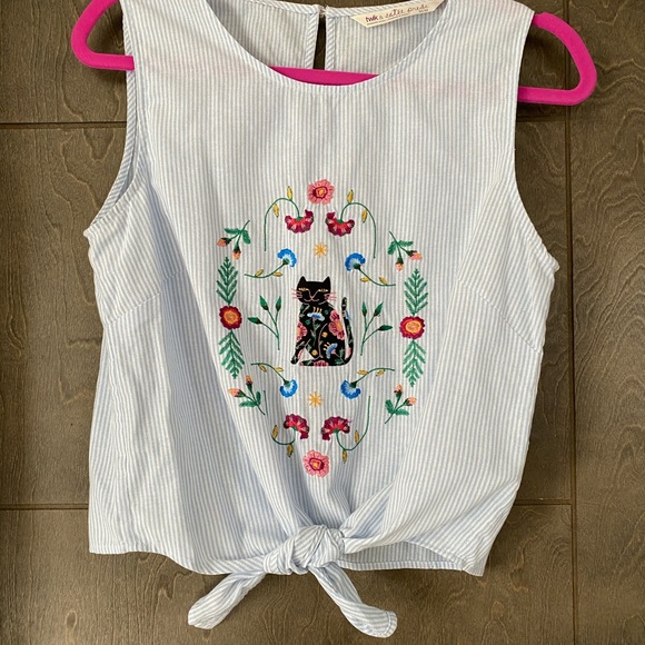 Blue and white striped cat embroidered tank - Picture 1 of 5